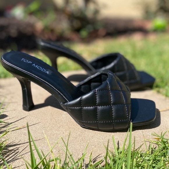 Quilted Stiletto Kitten Heels and Square Toe Mules Sandals - Picture 4 of 6